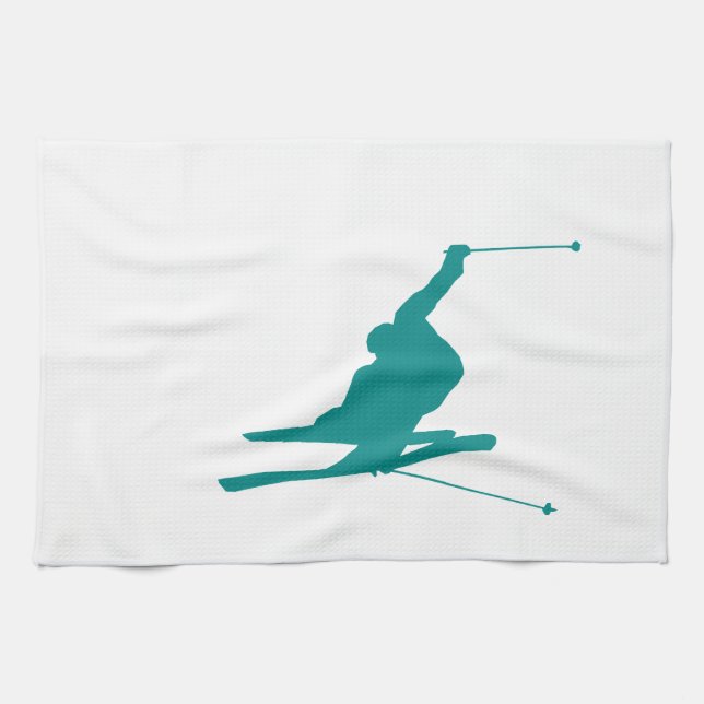Teal Green Snow Ski Kitchen Towel (Horizontal)