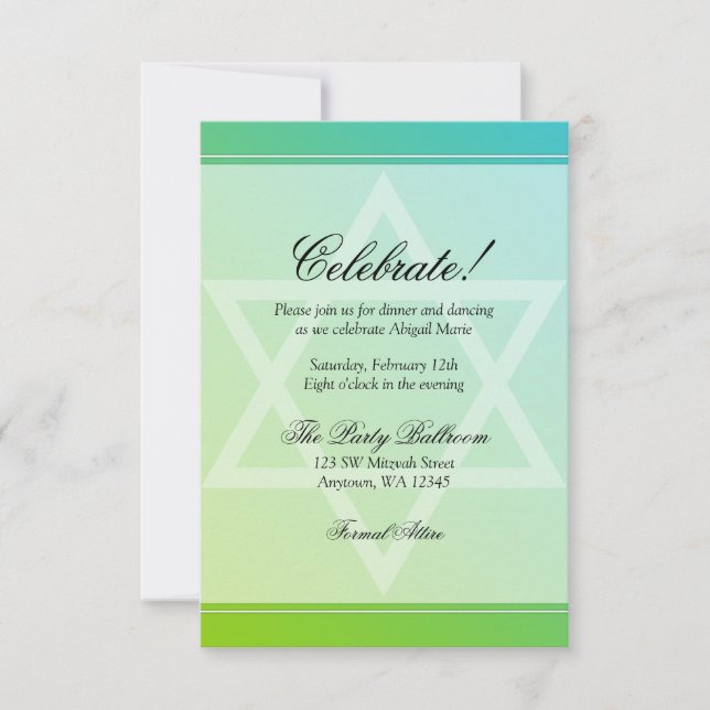 Teal Green Star of David Bat Mitzvah Reception Invitation (Front)