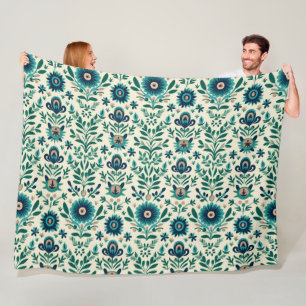Teal Green Swedish Folk Art Pattern Fleece Blanket