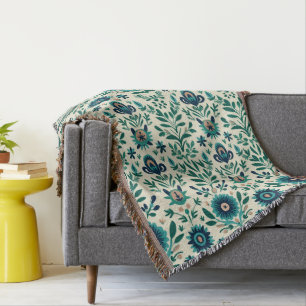 Teal Green Swedish Folk Art Pattern Throw Blanket