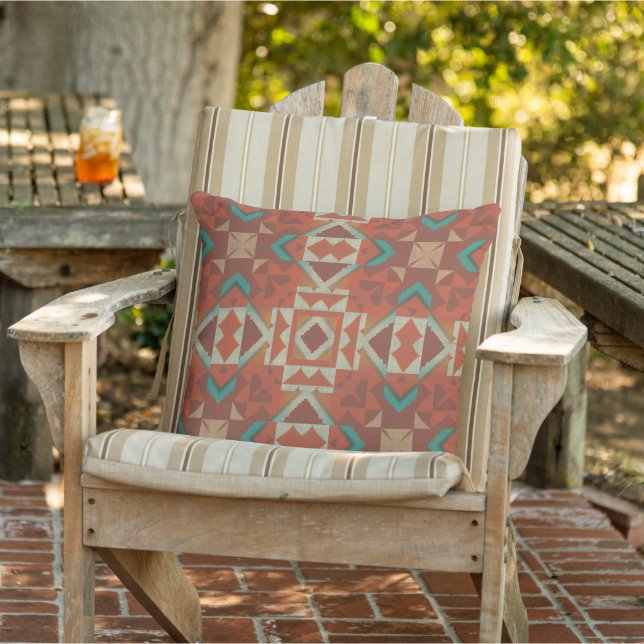 Teal Green Terracotta Orange Brown Red Tribal Art Outdoor Pillow (Chair)