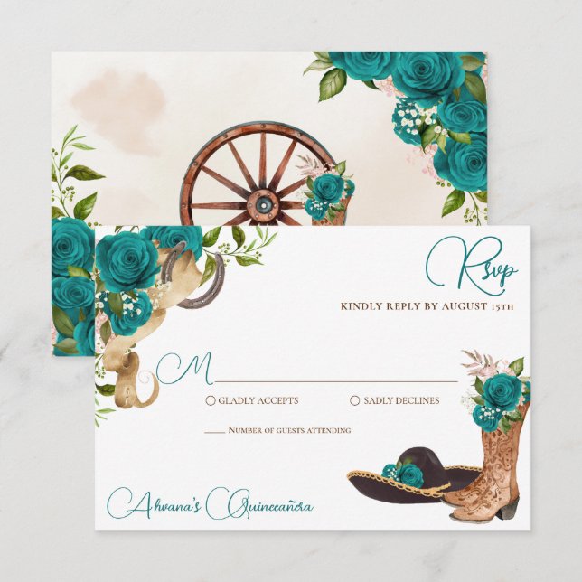 Teal Green Turquoise Charro Western Quinceanera RSVP Card (Front/Back)