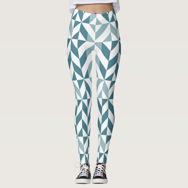 Teal Green Two Tone Geometric ZigZag Leggings (Front)