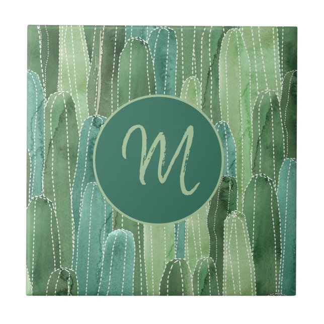 Teal Green Watercolor Cacti Monogram Tile (Front)