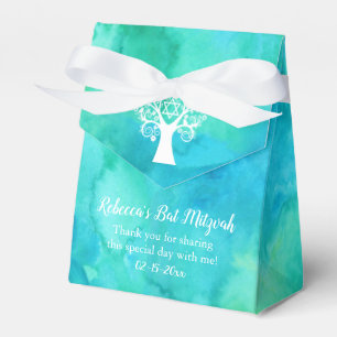 Teal Green Watercolor Tree of Life Bat Mitzvah Favor Box