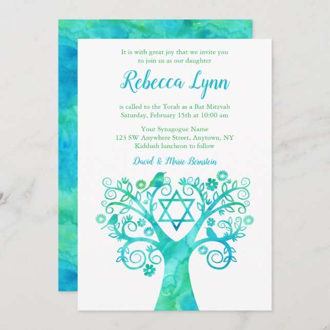 Teal Green Watercolor Tree of Life Bat Mitzvah Invitation (Front/Back)