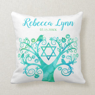 Teal Green Watercolor Tree of Life Bat Mitzvah Throw Pillow