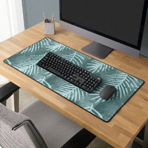 Teal Green Watercolor Tropical Leaf Desk Mat