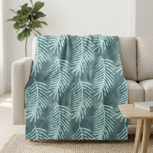 Teal Green Watercolor Tropical Leaf Fleece Blanket
