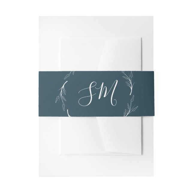 Teal Green White Leaf Foliage Monogram Invitation Belly Band (Front Example)