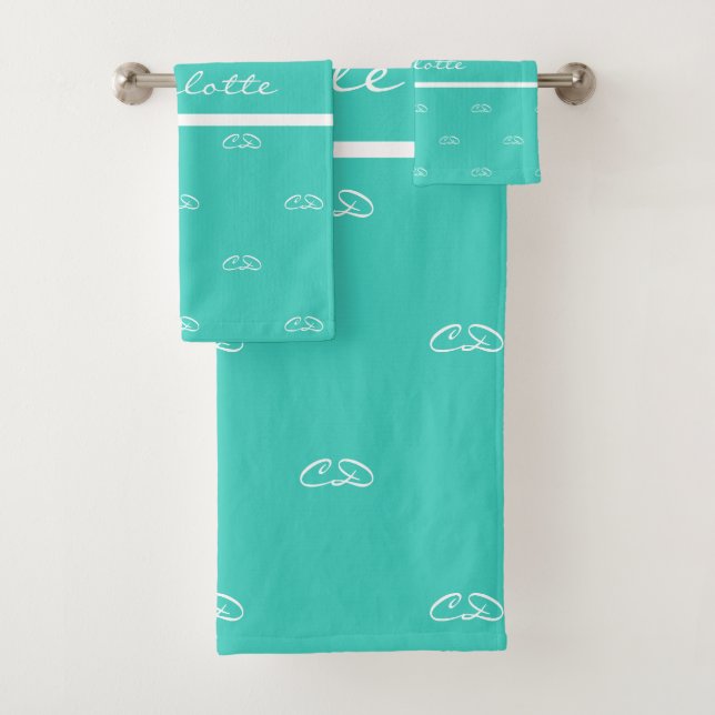 Teal green white monogram initials pattern name bath towel set (Insitu)