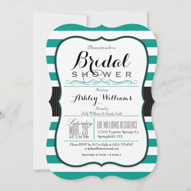 Teal Green & White Stripes; Elegant Bridal Shower Invitation (Front)