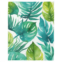 Teal Green White Tropical Leaves 