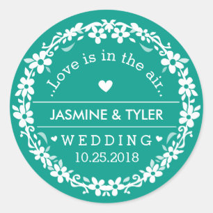 Teal Green & White Wedding Custom Names Love Date Classic Round Sticker