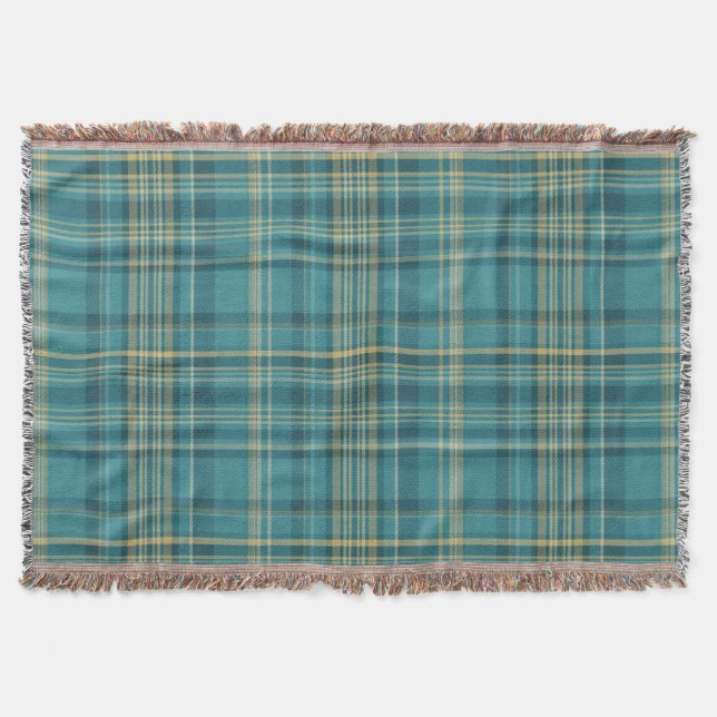 Teal Green Yellow Beige Plaid Tartan Pattern Throw Blanket (Front)