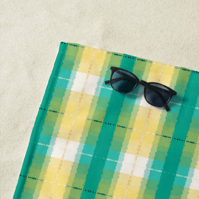 Teal Green Yolk Yellow White Striped Pattern    Beach Towel (In Situ)