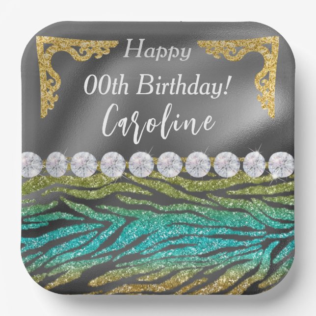 Teal Green Zebra Print & Gold Silver Birthday Paper Plate (Front)