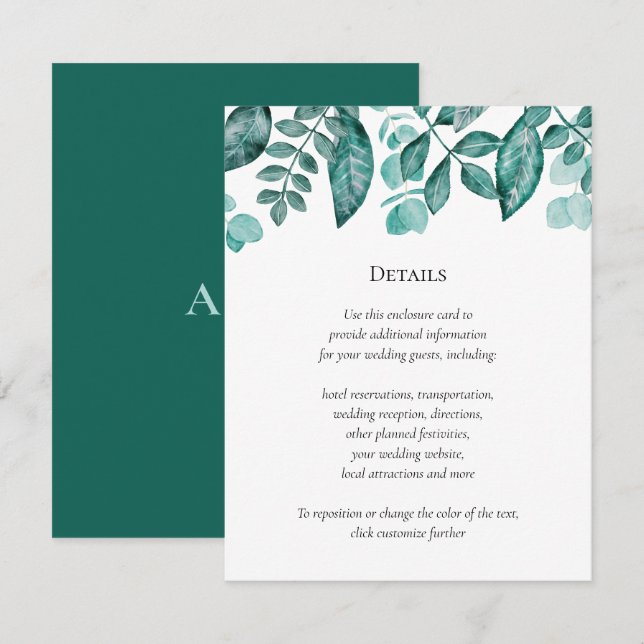 Teal Greenery Details Wedding Other Information Enclosure Card (Front/Back)