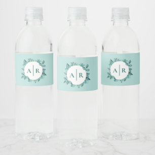 Teal Greenery Leaves Wedding Monogram Water Bottle Label
