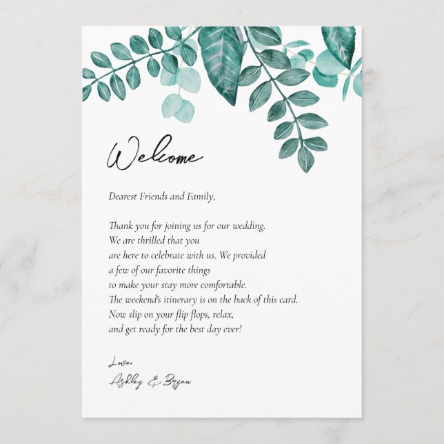 Teal Greenery Wedding Welcome Letter & Itinerary  Program (Front)