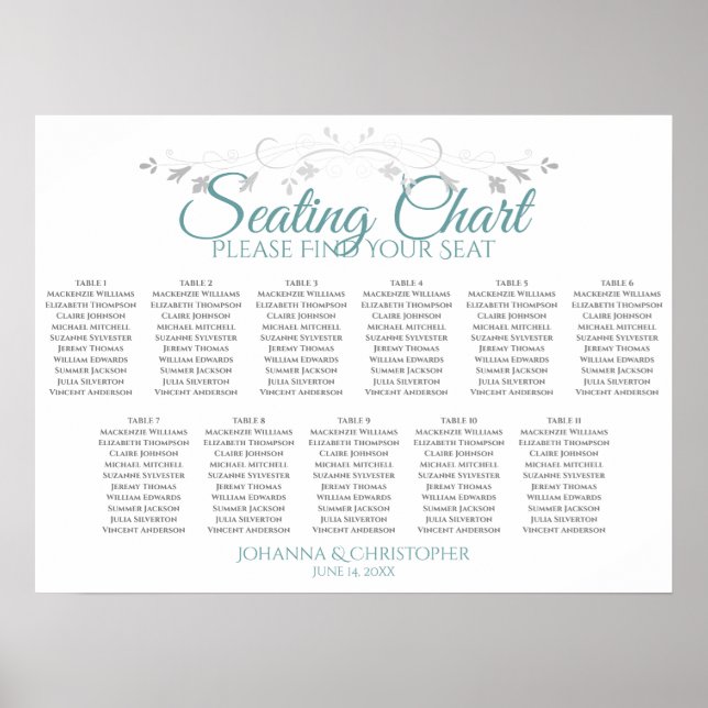 Teal & Grey 11 Table Wedding Seating Chart (Front)