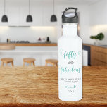Teal Grey 50 and Fabulous Birthday  710 Ml Water Bottle<br><div class="desc">This elegant 50th birthday party water bottle features a feminine teal script and grey typography. Personalize it with your message in dark grey. Colours can be customized to your liking using the edit design button. This makes a great gift or party favour!</div>