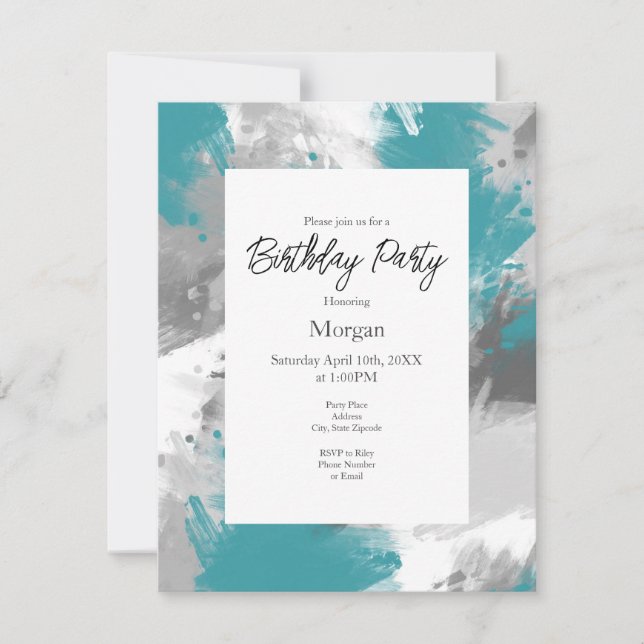 Teal Grey Abstract Brushstrokes   Invitation (Front)