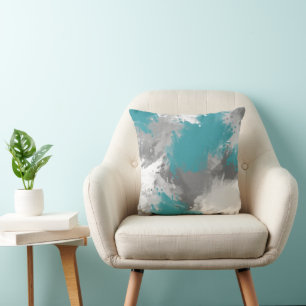 Teal Grey Abstract Brushstrokes Throw Pillow