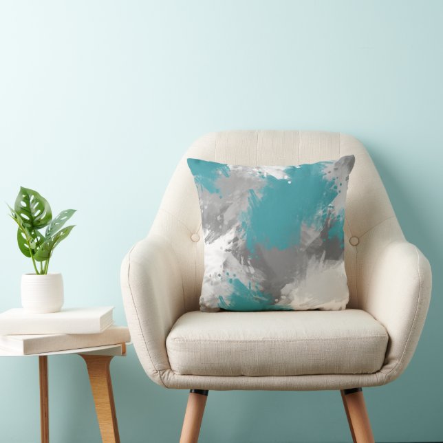 Teal Grey Abstract Brushstrokes Throw Pillow (Chair)