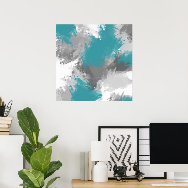 Teal Grey Abstract Modern Brushstrokes Poster (Home Office)