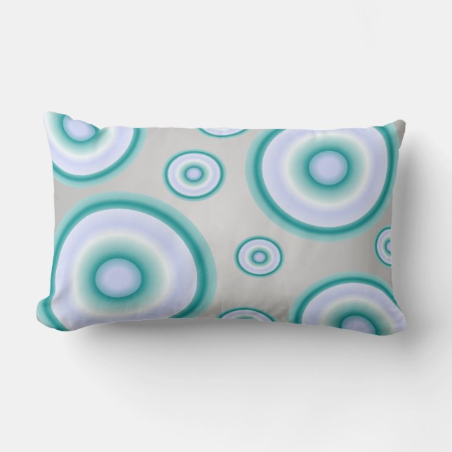Teal, grey, and neutral blue floating bubbles lumbar pillow (Front)