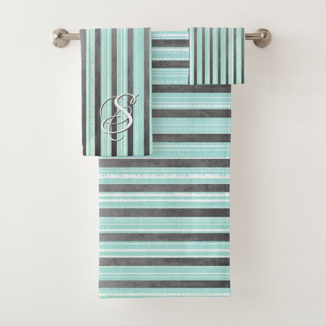 Teal, Grey, and White Stripes Bath Towel Set (Insitu)