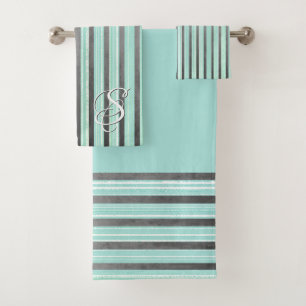 Teal, Grey, and White Stripes Bath Towel Set