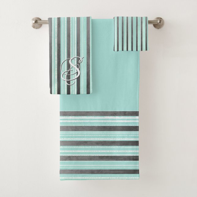 Teal, Grey, and White Stripes Bath Towel Set (Insitu)