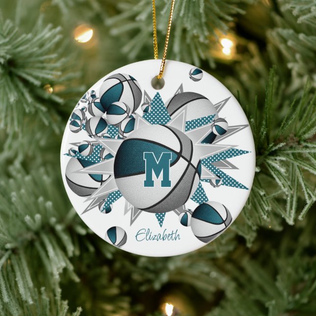 teal grey basketballs stars girls keepsake year ceramic ornament (Tree)