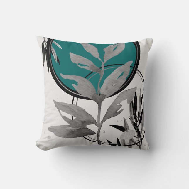 Teal Grey & Black Abstract Watercolor Leaf Throw Pillow (Front)