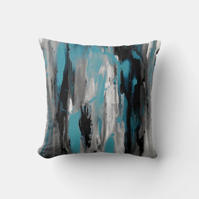 Teal Grey Black and White Abstract Throw Pillow (Front)