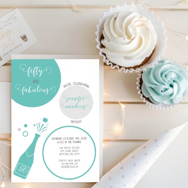 Teal Grey Champagne 50 and Fabulous Birthday  Invitation (Creator Uploaded)