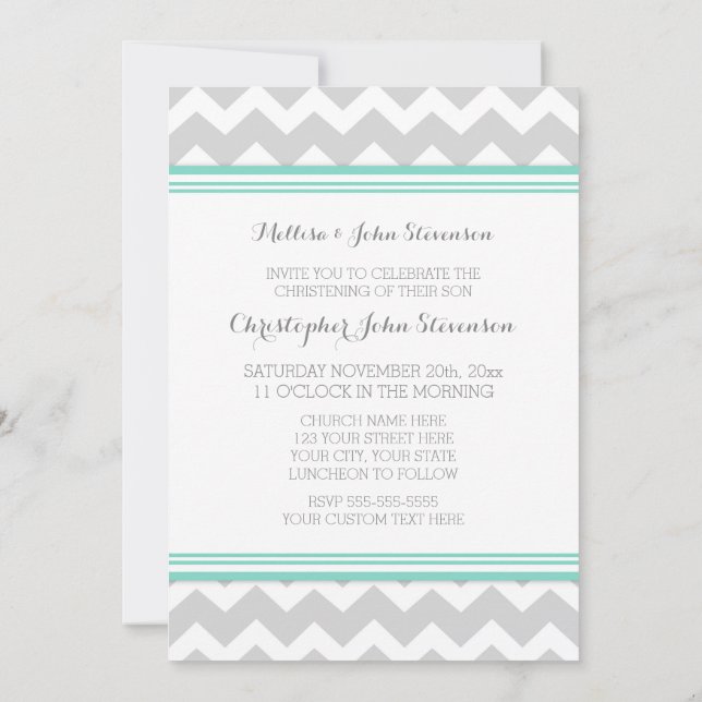 Teal Grey Chevron Christening Invitation (Back)