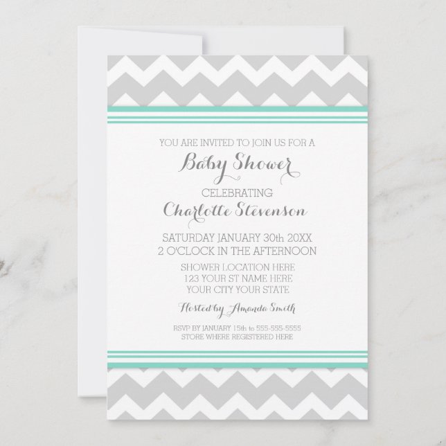 Teal Grey Chevron Custom Baby Shower Invitations (Back)