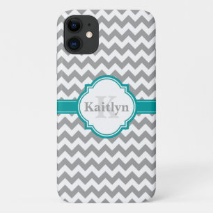 Teal Grey Chevron Pattern & Moroccan Quatrefoil iPhone 11 Case