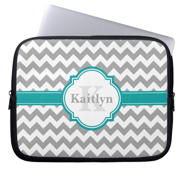 Teal Grey Chevron Pattern & Moroccan Quatrefoil Laptop Sleeve (Front)