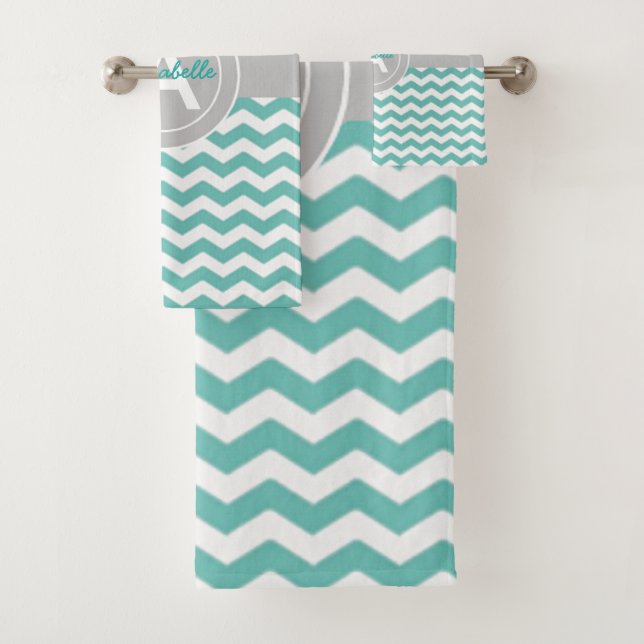 Teal Grey Chevron Quatrefoil Bath Towel Set (Insitu)