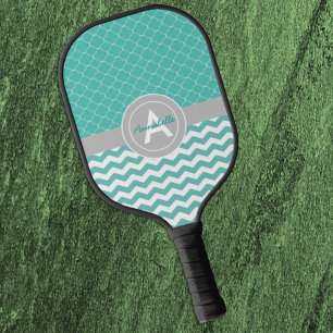 Teal Grey Chevron Quatrefoil Pickleball Paddle