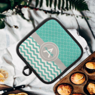 Teal Grey Chevron Quatrefoil Pot Holder