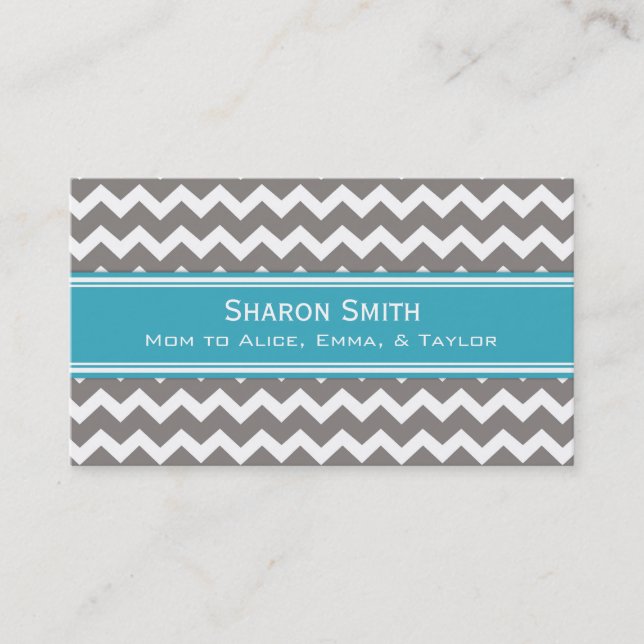 Teal Grey Chevron Retro Mom Calling Cards (Front)
