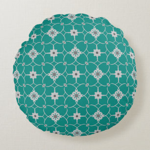 Teal Grey Christmas Floral Pattern Round Pillow