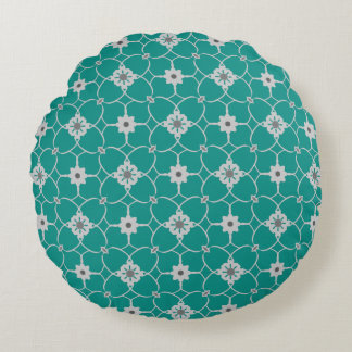 Teal Grey Christmas Floral Pattern Round Pillow