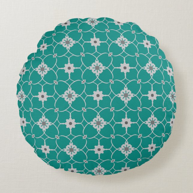 Teal Grey Christmas Floral Pattern Round Pillow (Front)