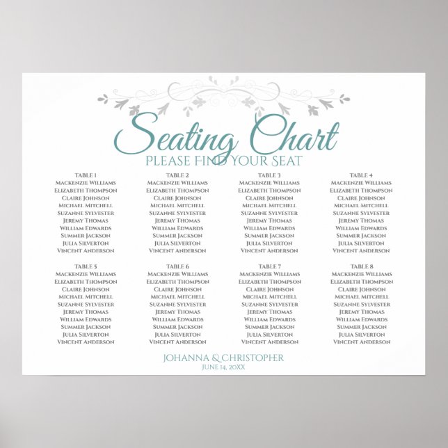 Teal & Grey Elegant 8 Table Wedding Seating Chart (Front)